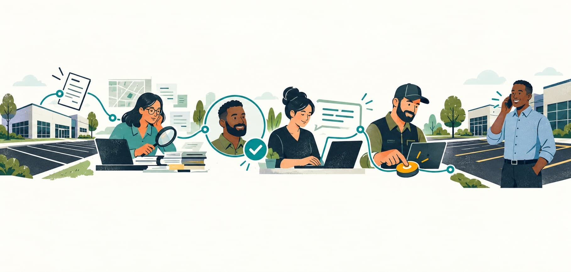 Illustrated workflow connecting a commercial paving opportunity to research, a verified contact, a reviewed message, human approval, and a reply